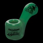 A detailed side view of the Cheech & Chong Glass Sherlock Pipe, showcasing its curved design and clear glass construction.