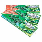 Close-up of a pack of Juicy Jay's Classic Size Flavored Rolling Papers with bold lettering and a colorful design, angled slightly upwards.