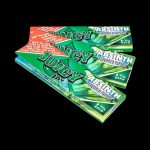 A stack of Juicy Jay's Classic Size Flavored Rolling Papers is pictured from a slight angle, displaying colorful packaging with a floral design.