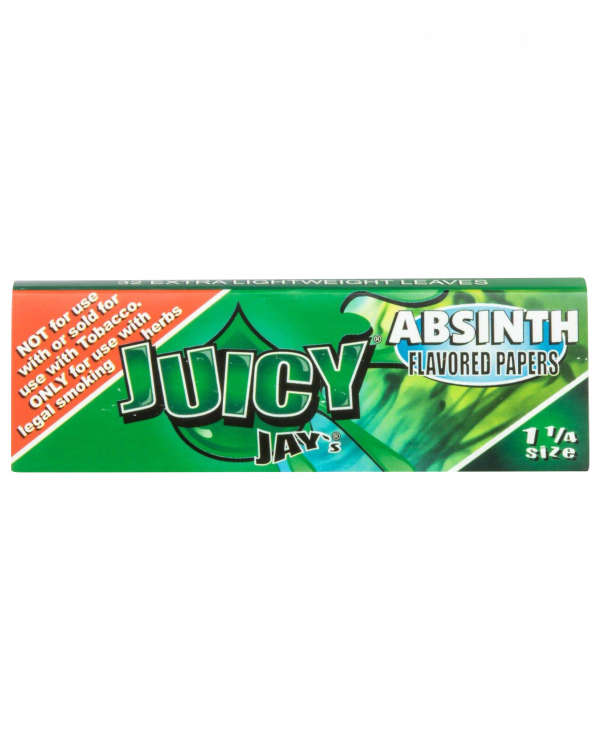 A close-up of the packaging for Juicy Jay's Classic Size Flavored Rolling Papers, featuring a vibrant green and gold design.
