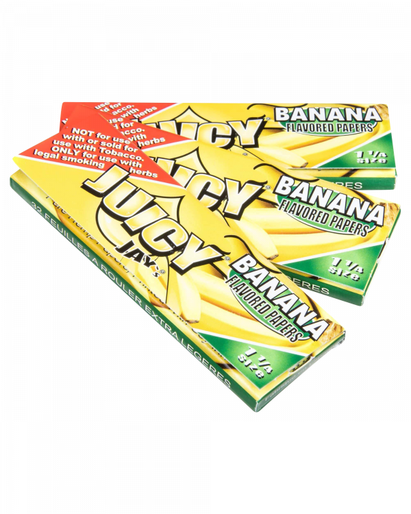 A brightly-colored package of Juicy Jay's Classic Size Flavored Rolling Papers is displayed at a slight angle, showing the brand logo and product name.