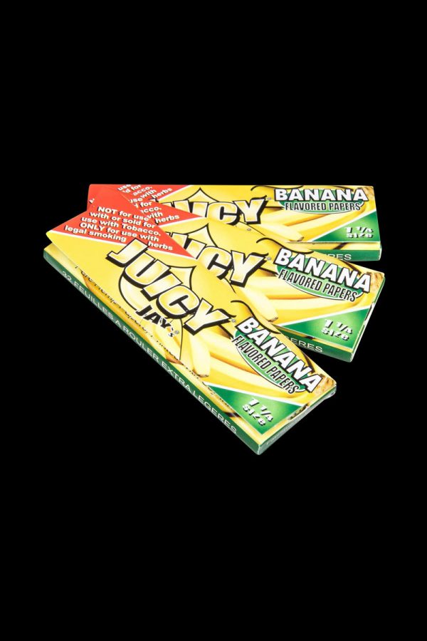 A slightly angled, close-up shot of Juicy Jay's Classic Size Flavored Rolling Papers, displaying a colorful pack with the brand’s logo.