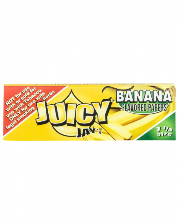 A close-up of the colorful packaging for Juicy Jay's Classic Size Flavored Rolling Papers, displaying a banana flavor design.