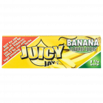 A close-up of the colorful packaging for Juicy Jay's Classic Size Flavored Rolling Papers, displaying a banana flavor design.
