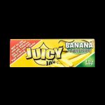 A close-up of the Juicy Jay's Classic Size Flavored Rolling Papers packaging, displaying a colorful banana-themed design.