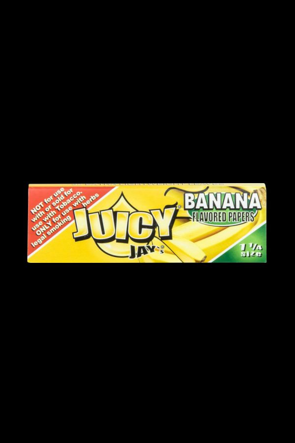 A close-up of the Juicy Jay's Classic Size Flavored Rolling Papers packaging, displaying a colorful banana-themed design.