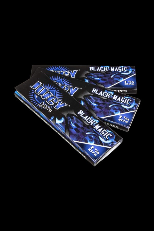 A close-up of the patterned packaging for Juicy Jay's Classic Size Flavored Rolling Papers, viewed from a slight angle.