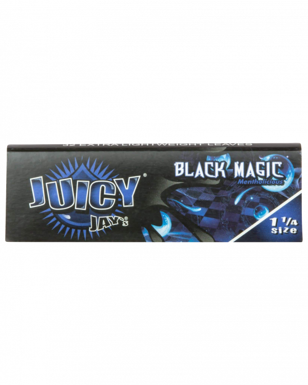 A close-up of the colorful packaging for Juicy Jay's Classic Size Flavored Rolling Papers, displaying a bold logo against a dark background.