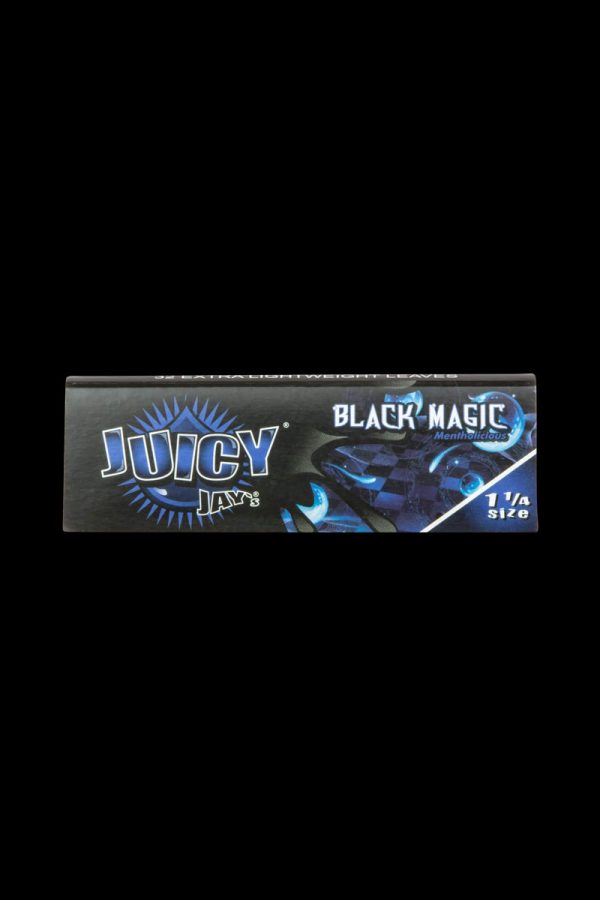 A close-up of the colorful packaging for Juicy Jay's Classic Size Flavored Rolling Papers, displaying the brand logo and product name.