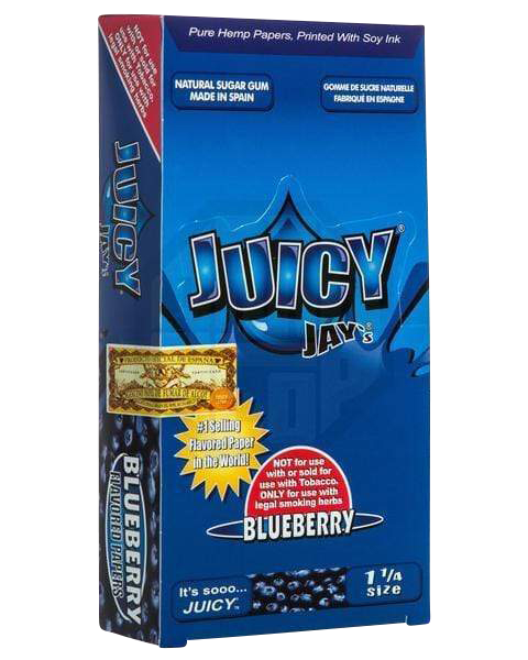 A close-up, slightly angled view of the colorful packaging for Juicy Jay's Classic Size Flavored Rolling Papers, displaying bold branding.
