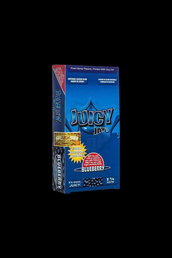 A close-up of the packaging for Juicy Jay's Classic Size Flavored Rolling Papers, displaying colorful graphics against a white background.