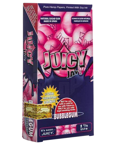 Front view of Juicy Jay's Classic Size Flavored Rolling Papers package with vibrant pink and white branding.