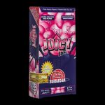 Front view of a package of Juicy Jay's Classic Size Flavored Rolling Papers with vibrant text and designs on a light background.