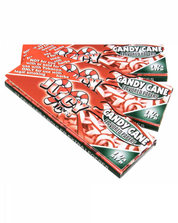 A close-up of Juicy Jay's Classic Size Flavored Rolling Papers with colorful floral designs against a white background.