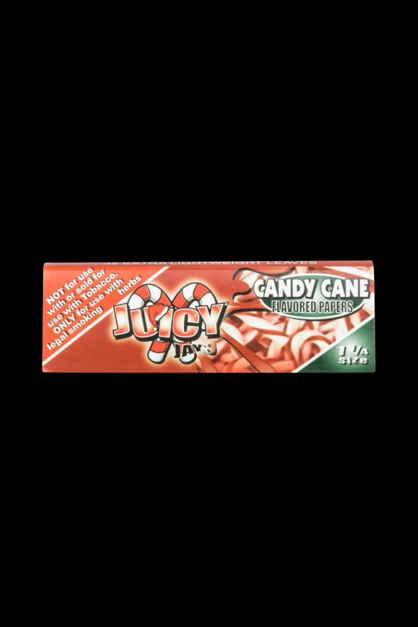 A close-up of the packaging for Juicy Jay's Classic Size Flavored Rolling Papers, with vibrant colors and bold branding.