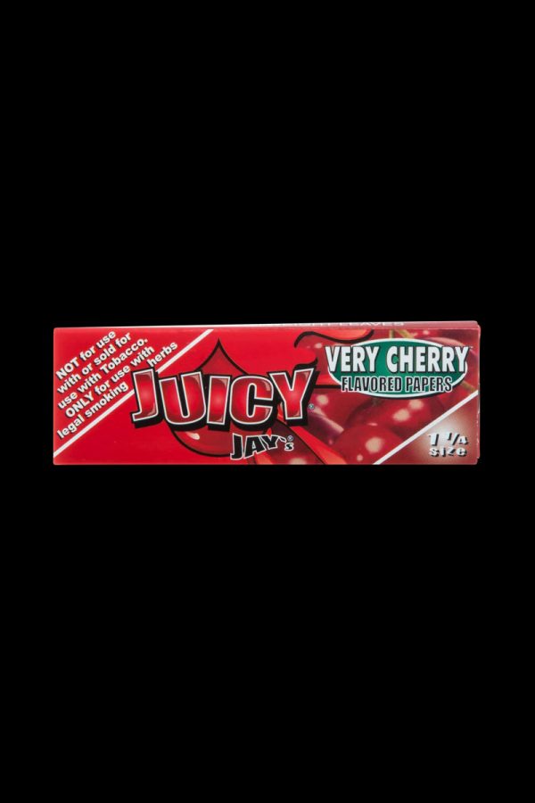 Front view of a pack of Juicy Jay's Classic Size Flavored Rolling Papers, showcasing bold red branding and a patterned design.