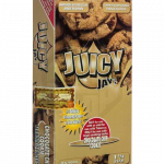 A front view of Juicy Jay's Classic Size Flavored Rolling Papers packaging, featuring colorful graphics and text on a white background.