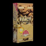 A close-up, angled shot of Juicy Jay's Classic Size Flavored Rolling Papers packaging, featuring bold lettering and colorful designs.