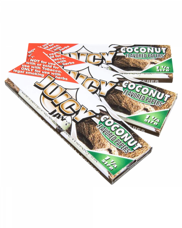 A close-up, angled view of Juicy Jay's Classic Size Flavored Rolling Papers packaging with a colorful coconut flavor design.