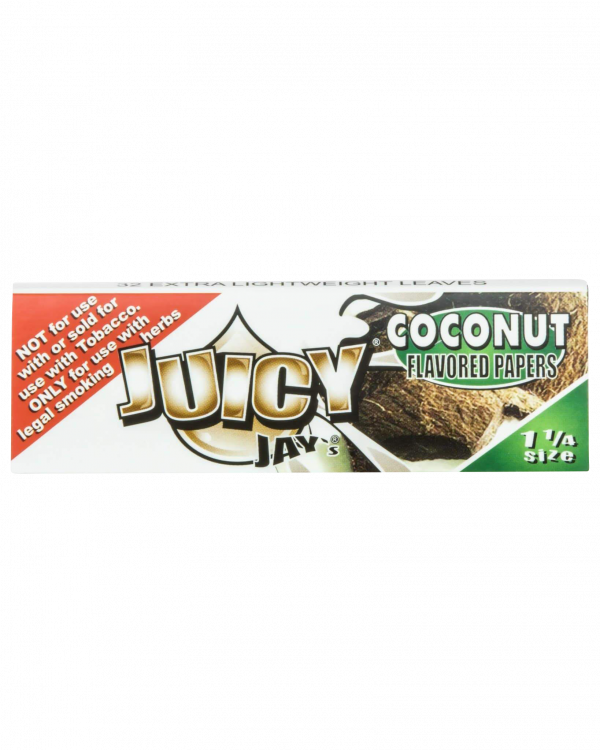 A close-up of Juicy Jay's Classic Size Flavored Rolling Papers package, displaying a colorful coconut design on a dark background.