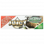 A close-up of Juicy Jay's Classic Size Flavored Rolling Papers package, displaying a colorful coconut design on a dark background.