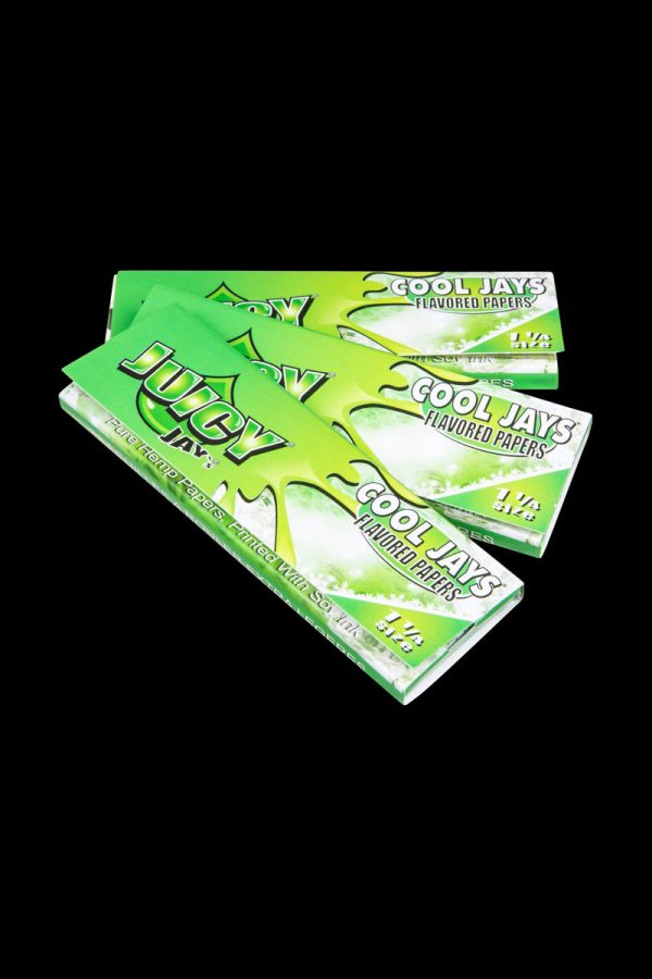 A close-up, angled view of Juicy Jay's Classic Size Flavored Rolling Papers, showing a colorful packet against a plain white background.