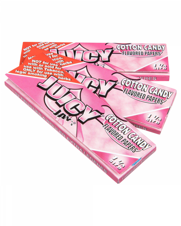A close-up of Juicy Jay's Classic Size Flavored Rolling Papers package with bold lettering against a vibrant, patterned backdrop.