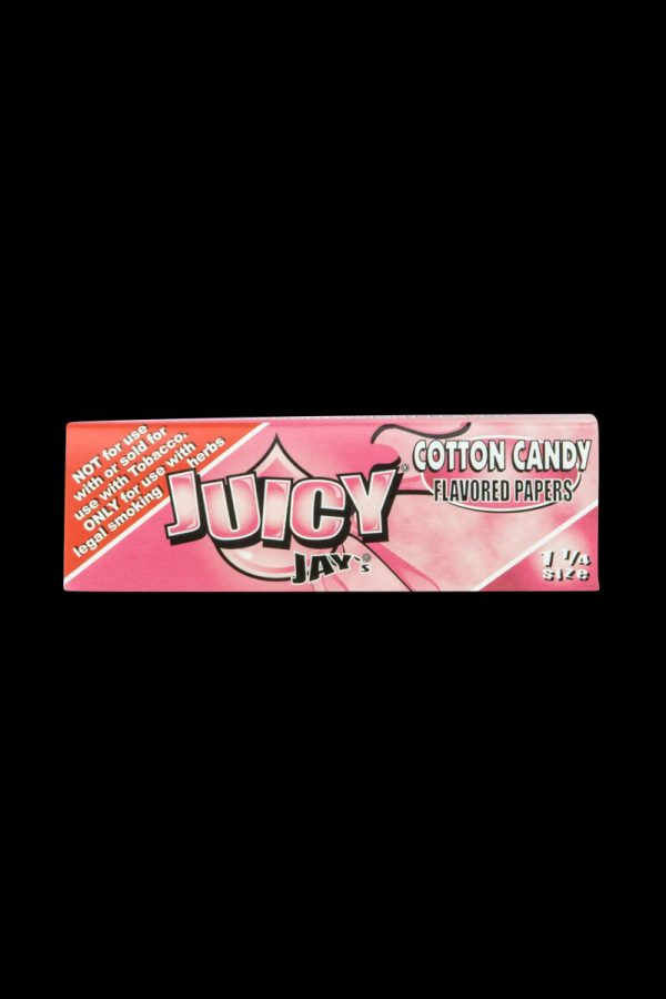 A close-up of the packaging for Juicy Jay's Classic Size Flavored Rolling Papers, displaying bold lettering against a colorful background.