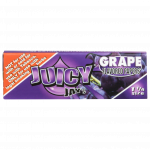 A close-up of Juicy Jay's Classic Size Flavored Rolling Papers, displaying a grape-flavored pattern on a colorful packet.