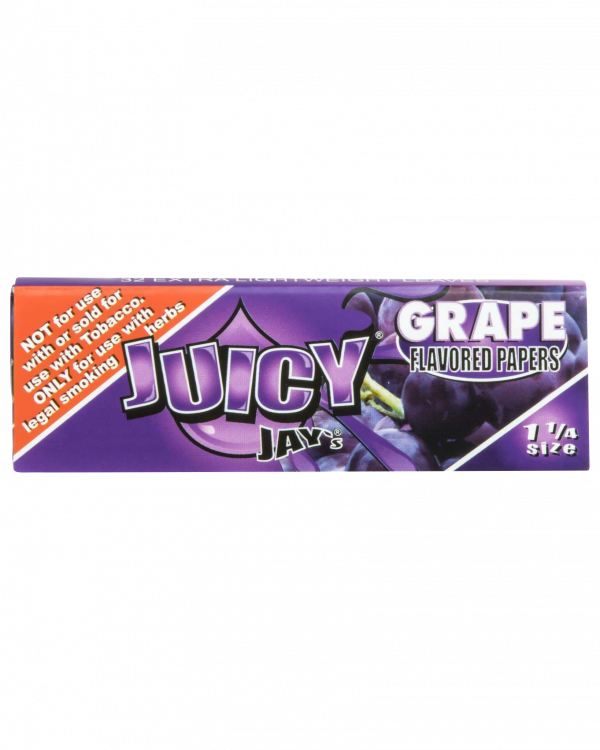 A close-up of Juicy Jay's Classic Size Flavored Rolling Papers, displaying a grape-flavored pattern on a colorful packet.