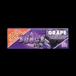 A close-up, angled view of Juicy Jay's Classic Size Flavored Rolling Papers packaging with a grape-themed design.