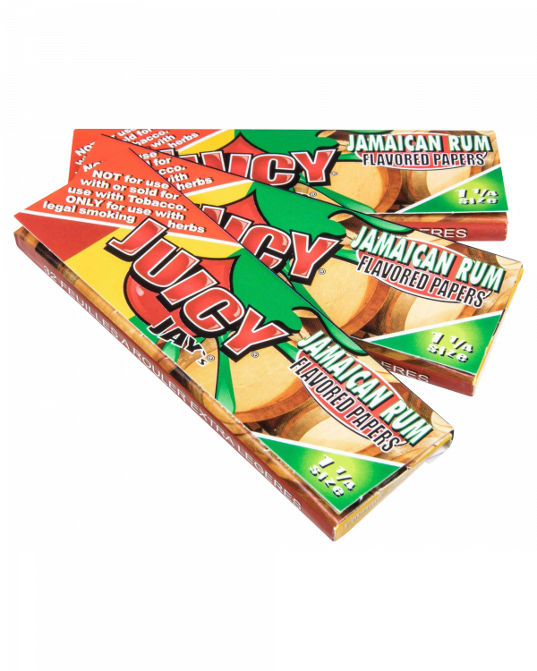 A close-up of Juicy Jay's Classic Size Flavored Rolling Papers package with bold graphics and colorful text.