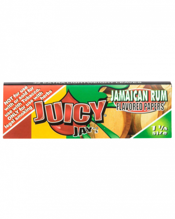 A close-up of Juicy Jay's Classic Size Flavored Rolling Papers package, displaying a colorful design against a dark background.