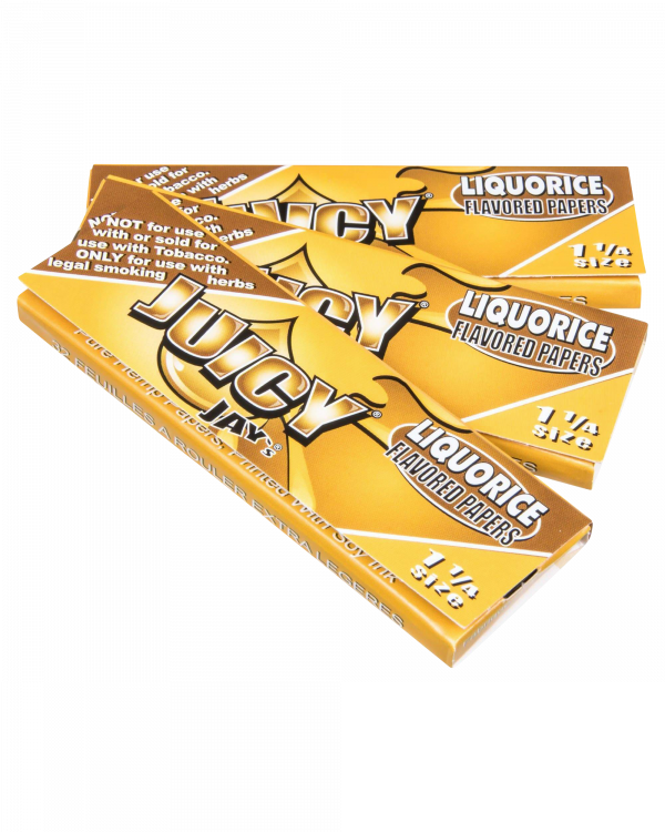 A close-up, angled shot of Juicy Jay's Classic Size Flavored Rolling Papers, displaying vibrant branding and colorful designs.