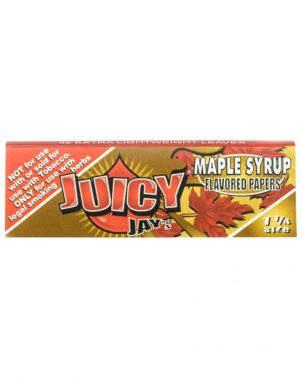 A close-up, angled view of a pack of Juicy Jay's Classic Size Flavored Rolling Papers against a dark background.