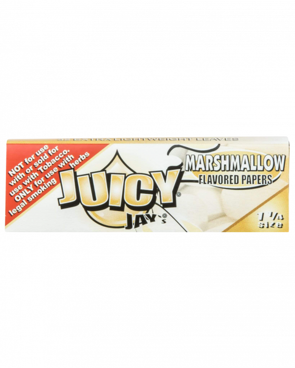 A close-up, angled shot of a pack of Juicy Jay's Classic Size Flavored Rolling Papers with colorful floral graphics.