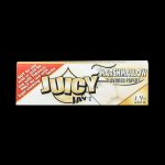 A close-up of Juicy Jay's Classic Size Flavored Rolling Papers package with bold lettering and colorful designs.