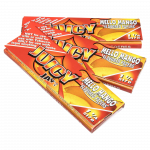 A slightly angled close-up of Juicy Jay's Classic Size Flavored Rolling Papers packaging with a mango design.