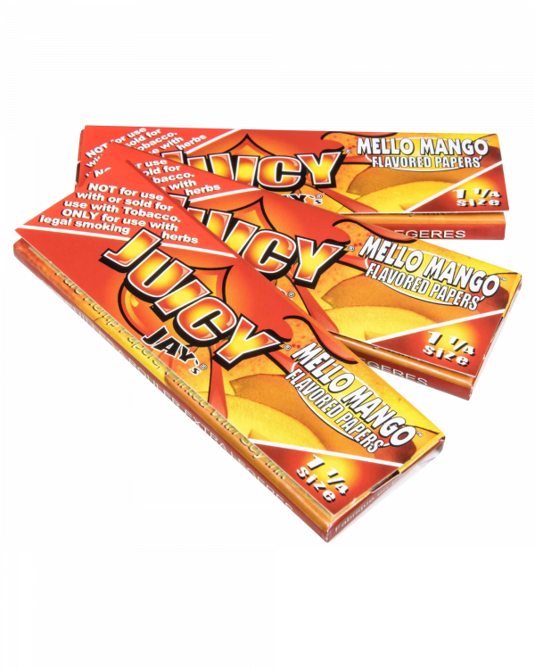 A slightly angled close-up of Juicy Jay's Classic Size Flavored Rolling Papers packaging with a mango design.