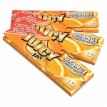A close-up of a pack of Juicy Jay's Classic Size Flavored Rolling Papers, displaying bold orange branding and a patterned design.