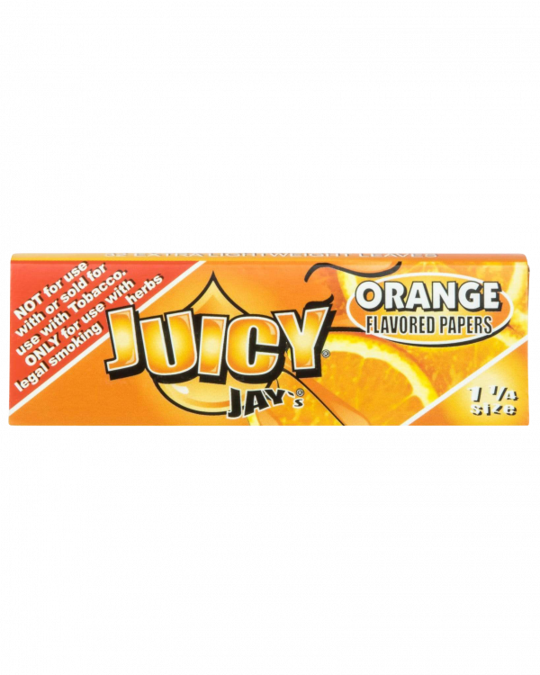 Front view of Juicy Jay's Classic Size Flavored Rolling Papers with orange coloring and bold lettering.