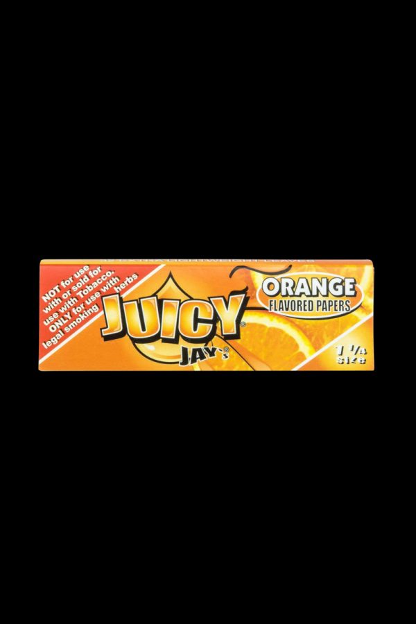 Front view of Juicy Jay's Classic Size Flavored Rolling Papers package, displaying vibrant orange branding and text details.
