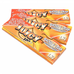 Close-up of Juicy Jay's Classic Size Flavored Rolling Papers, stacked and displaying peach-themed artwork.