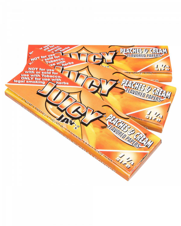 Close-up of Juicy Jay's Classic Size Flavored Rolling Papers, stacked and displaying peach-themed artwork.