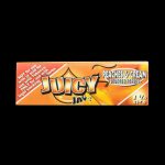 A close-up of the packaging for Juicy Jay's Classic Size Flavored Rolling Papers, displaying a colorful, patterned design.