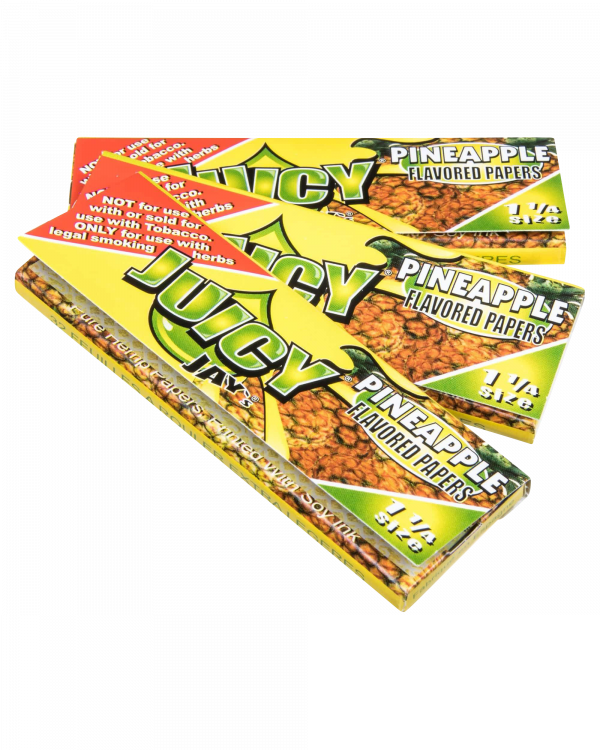 A close-up of the package for Juicy Jay's Classic Size Flavored Rolling Papers, displaying colorful branding and a top-down view.