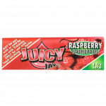 A close-up of Juicy Jay's Classic Size Flavored Rolling Papers with a red raspberry pattern against a white background.