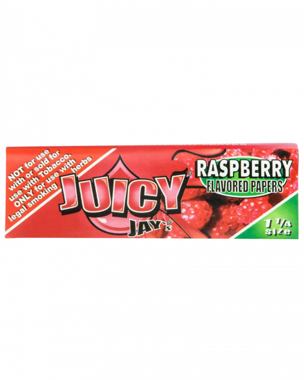A close-up of Juicy Jay's Classic Size Flavored Rolling Papers with a red raspberry pattern against a white background.