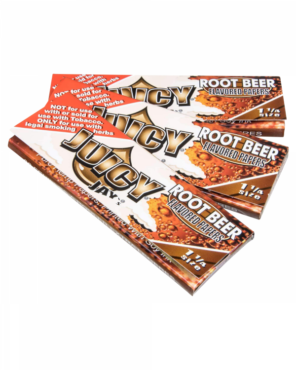 A close-up of a package of Juicy Jay's Classic Size Flavored Rolling Papers, angled slightly to show the colorful branding.