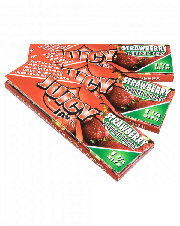 A close-up, angled view of a pack of Juicy Jay's Classic Size Flavored Rolling Papers displaying colorful fruit-themed branding.